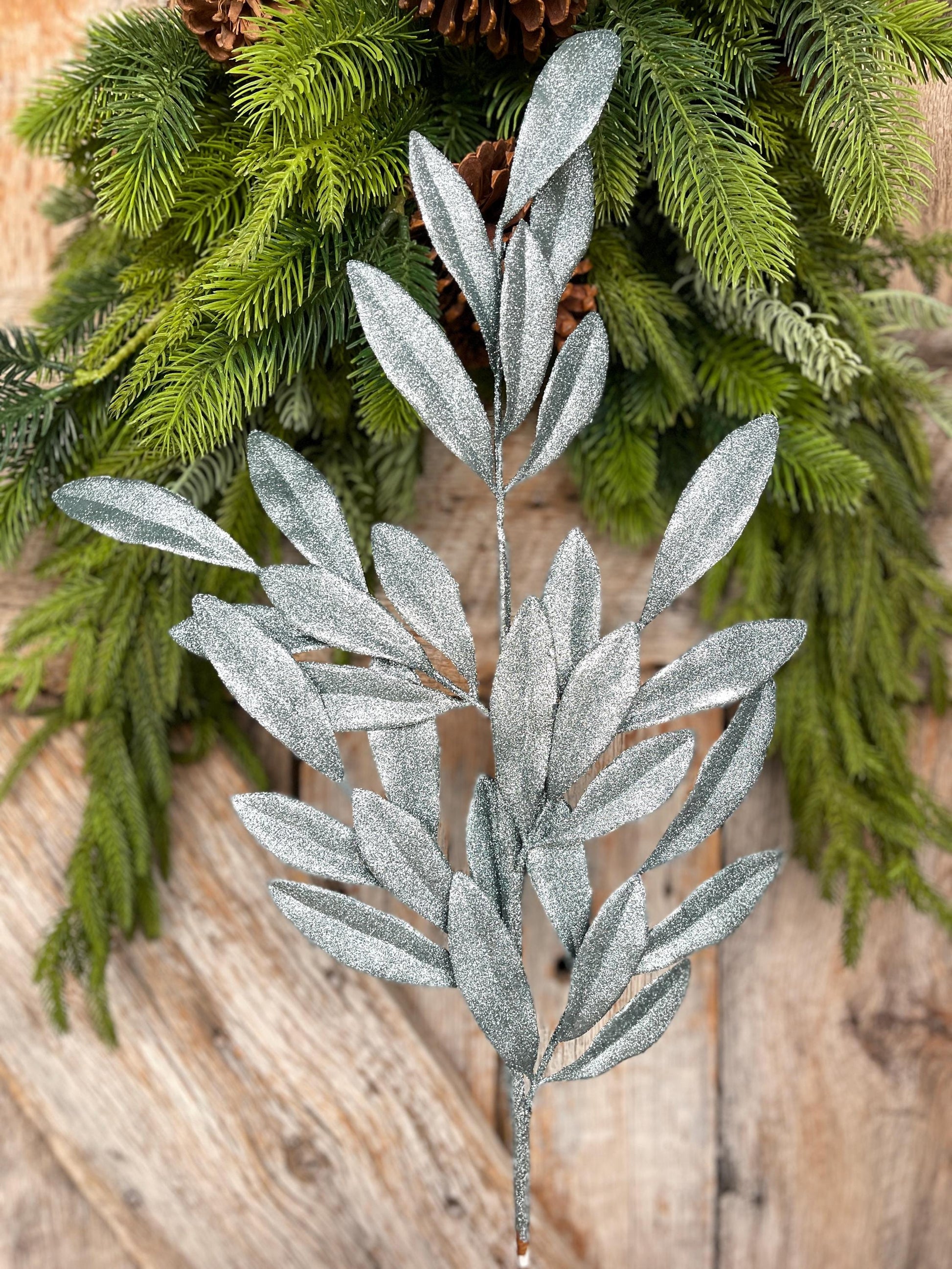 Light Blue Glitter Laurel Leaf Spray: Christmas Tree Pick (27")
