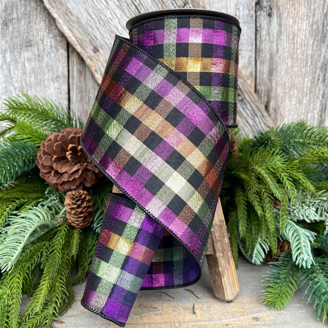 4" Halloween Spooky Plaid, Farrisilk Ribbon, Wired RIbbon
