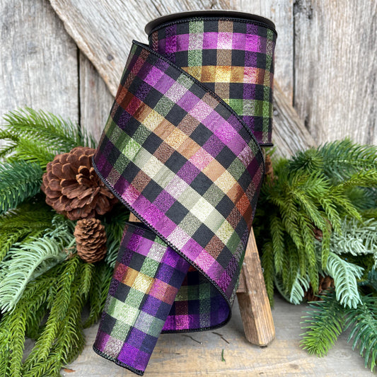 4" Halloween Spooky Plaid, Farrisilk Ribbon, Wired RIbbon, Halloween Ribbon, Halloween Metallic RIbbon, Designer Ribbon, Halloween Decor