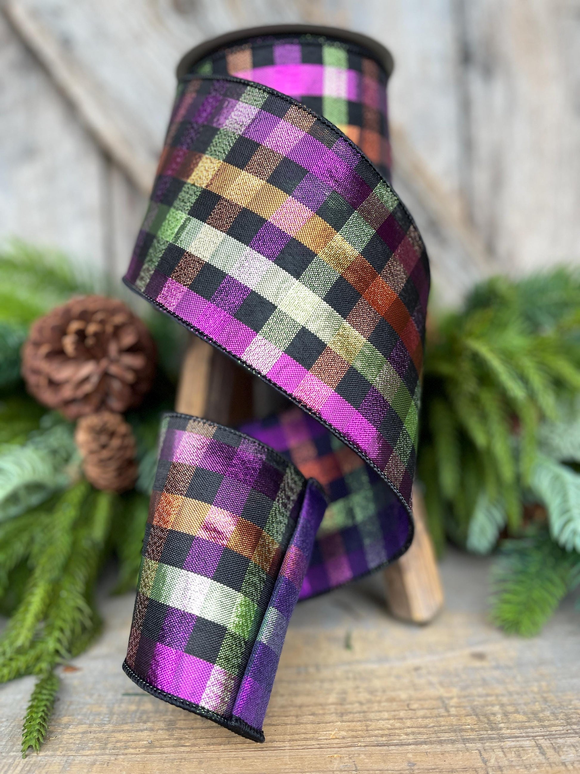 4" Halloween Spooky Plaid, Farrisilk Ribbon, Wired RIbbon, Halloween Ribbon, Halloween Metallic RIbbon, Designer Ribbon, Halloween Decor