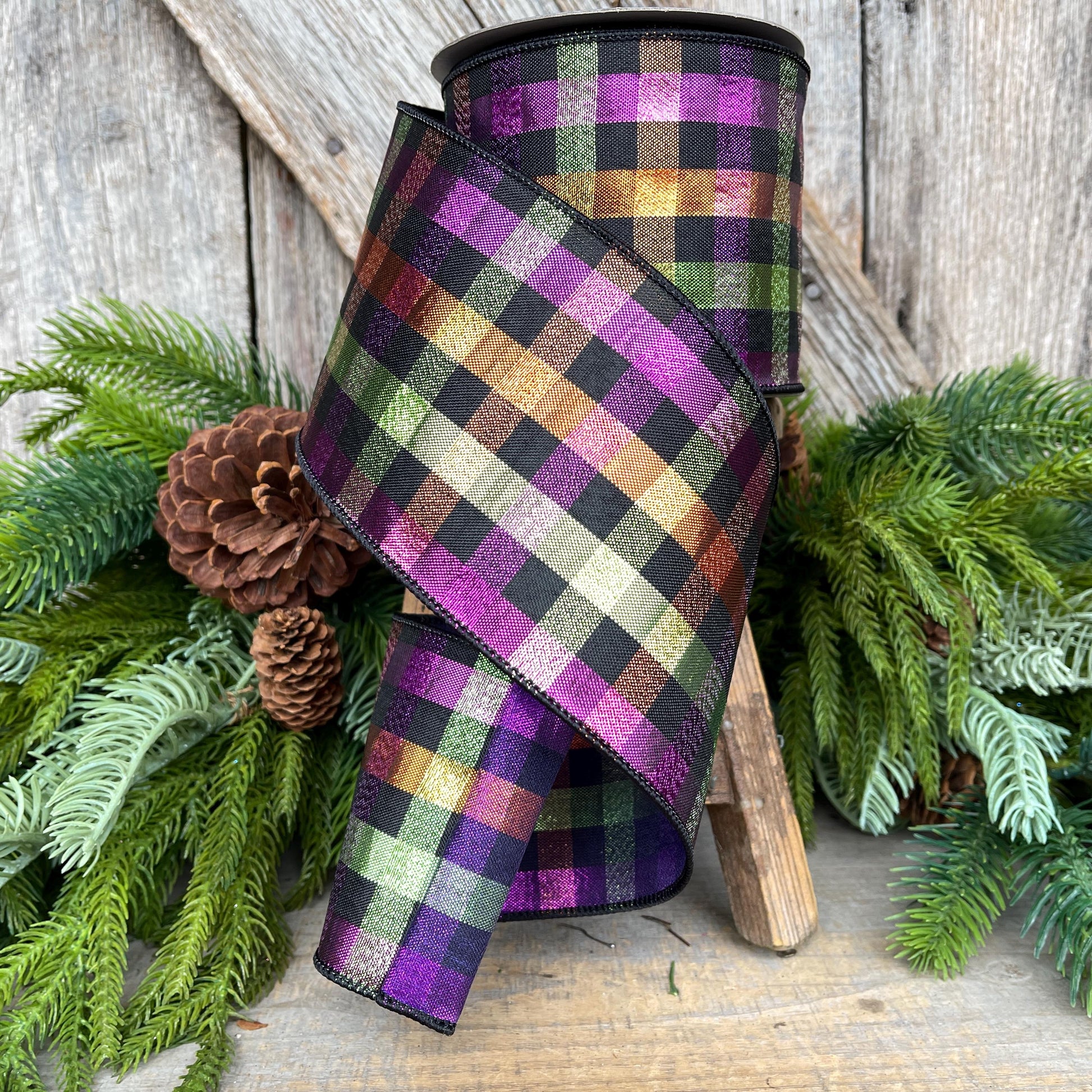 4" Halloween Spooky Plaid, Farrisilk Ribbon, Wired RIbbon, Halloween Ribbon, Halloween Metallic RIbbon, Designer Ribbon, Halloween Decor