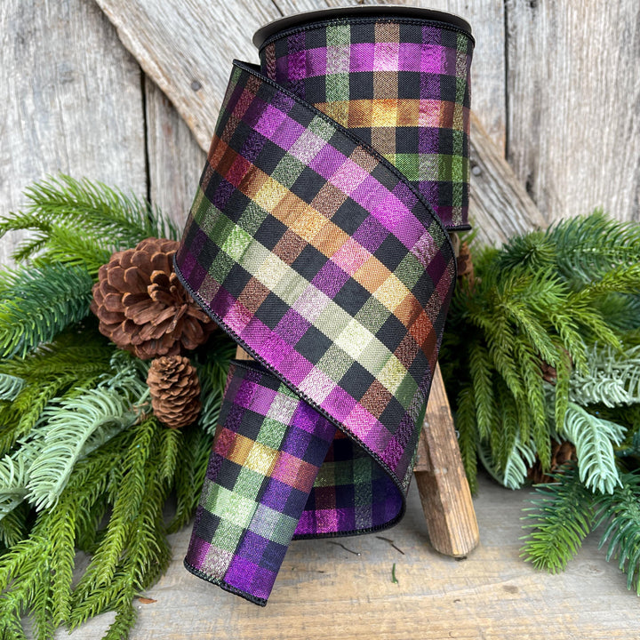 4" Halloween Spooky Plaid, Farrisilk Ribbon, Wired RIbbon