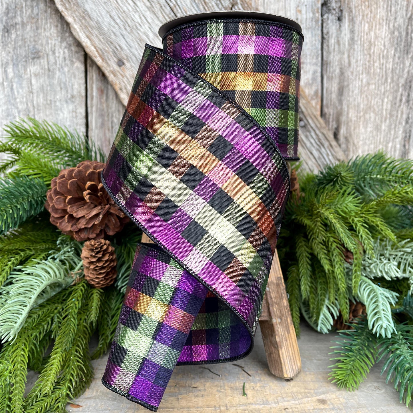 4" Halloween Spooky Plaid, Farrisilk Ribbon, Wired RIbbon, Halloween Ribbon, Halloween Metallic RIbbon, Designer Ribbon, Halloween Decor