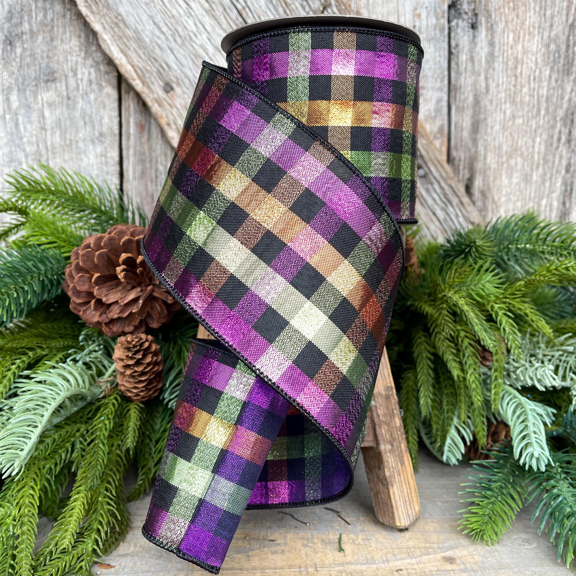 4" Halloween Spooky Plaid, Farrisilk Ribbon, Wired RIbbon, Halloween Ribbon, Halloween Metallic RIbbon, Designer Ribbon, Halloween Decor