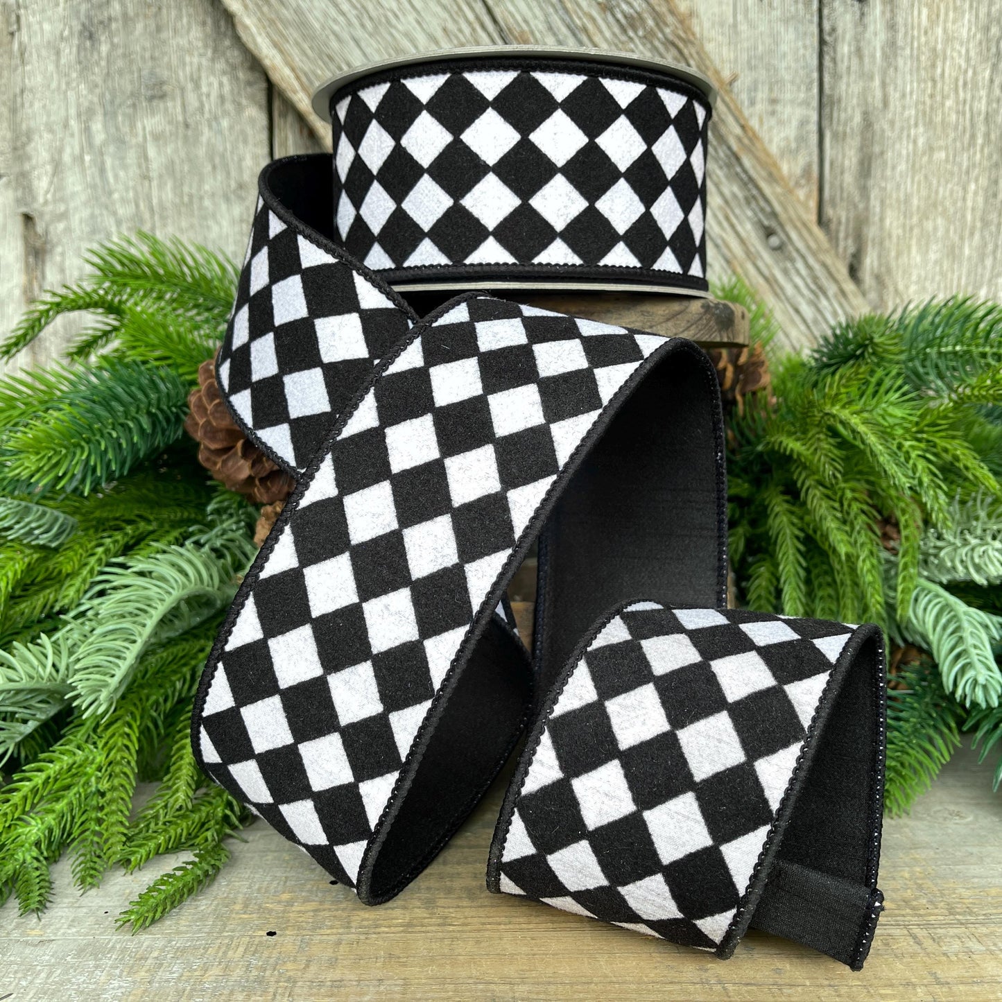 2.5" Black and White Retro Harlequin Ribbon, Farrisilk Ribbon