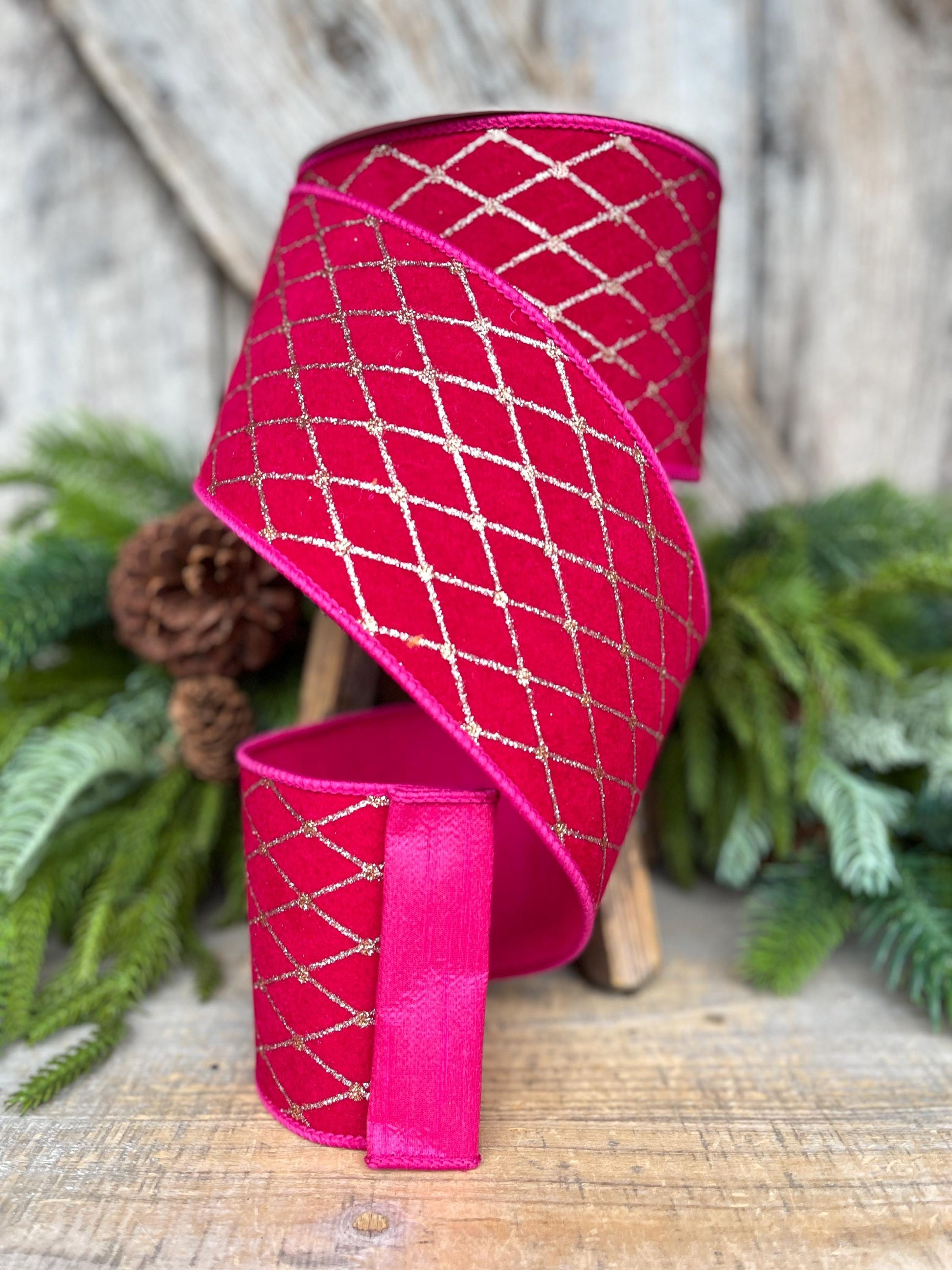 4" Hot Pink Velvet Diamonds Ribbon, Farrisilk Ribbon, Christmas RIbbon