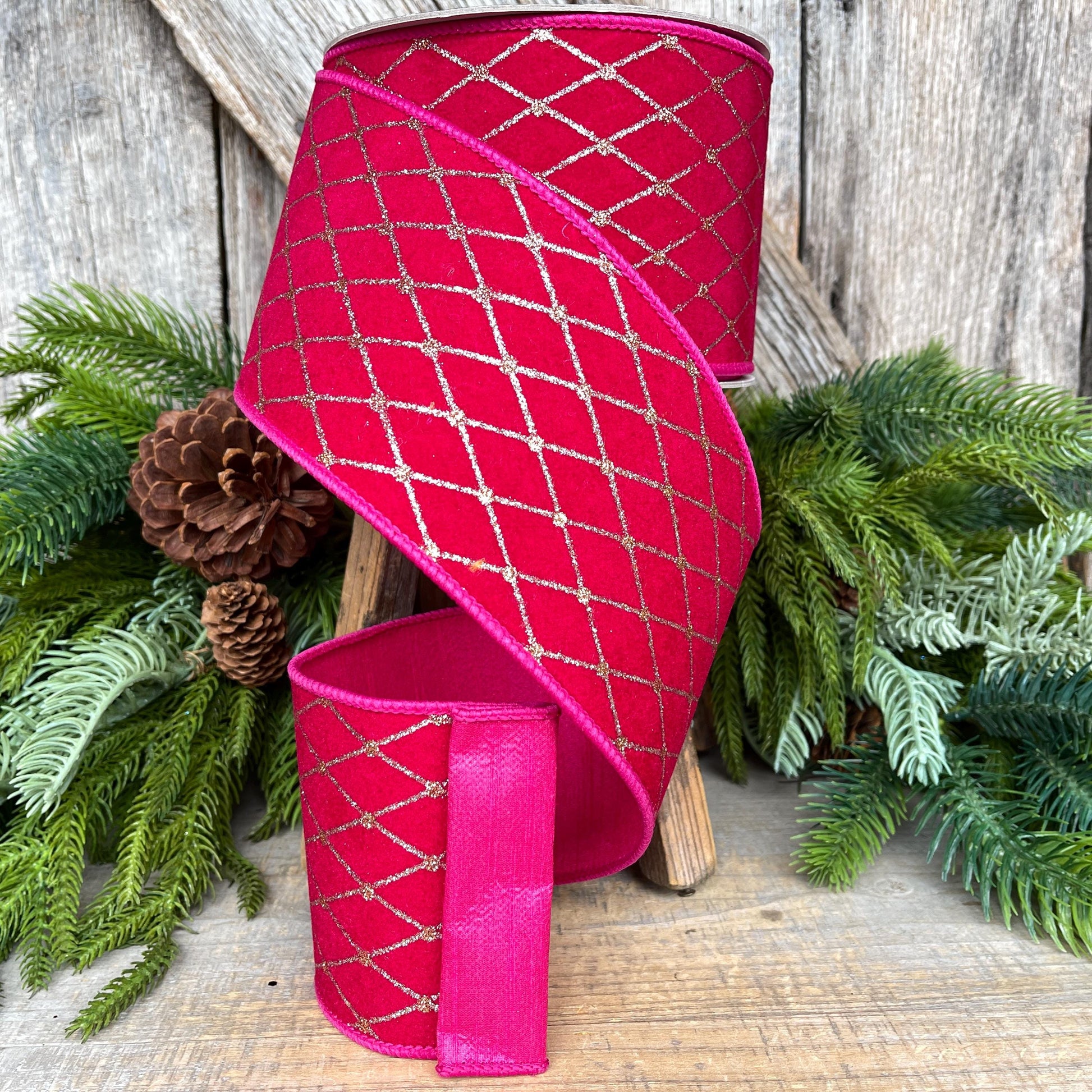 4" Hot Pink Velvet Diamonds Ribbon, Farrisilk Ribbon, Christmas RIbbon