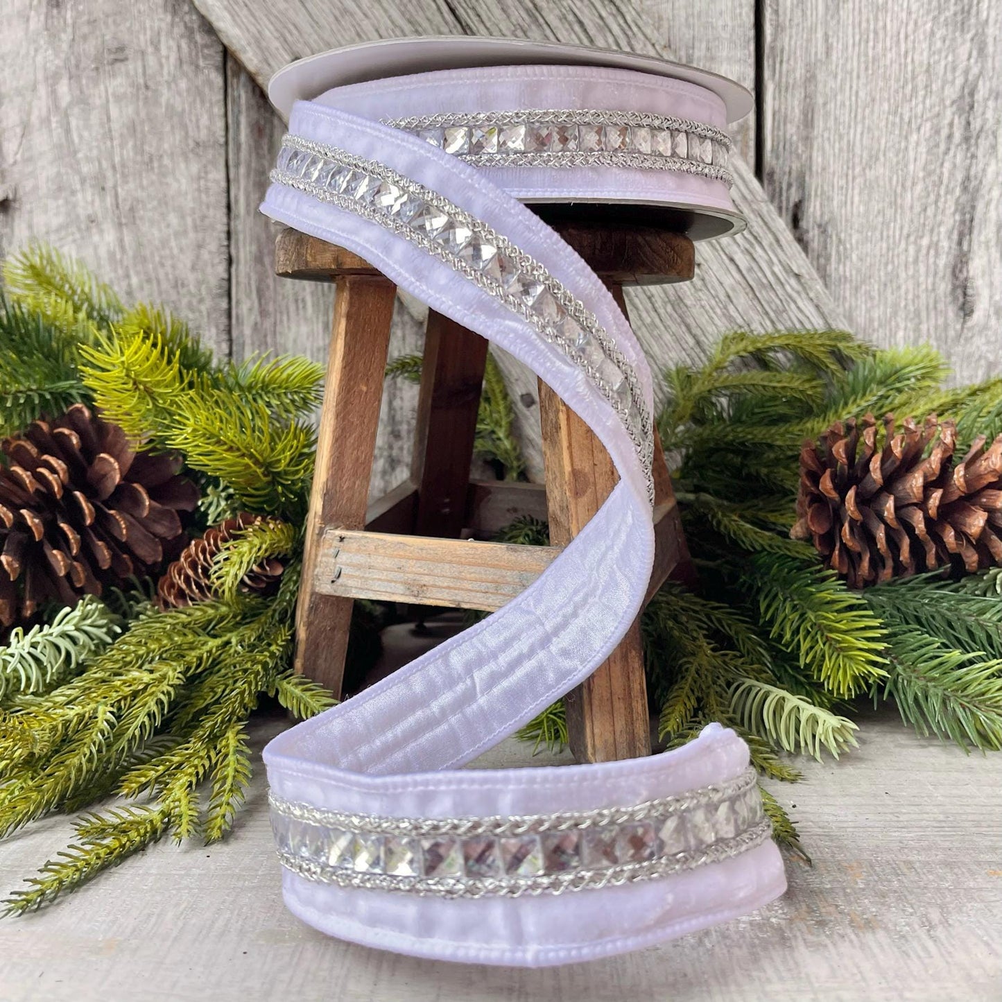 1.5" White Gemstones, Farrisilk, White Jeweled RIbbon