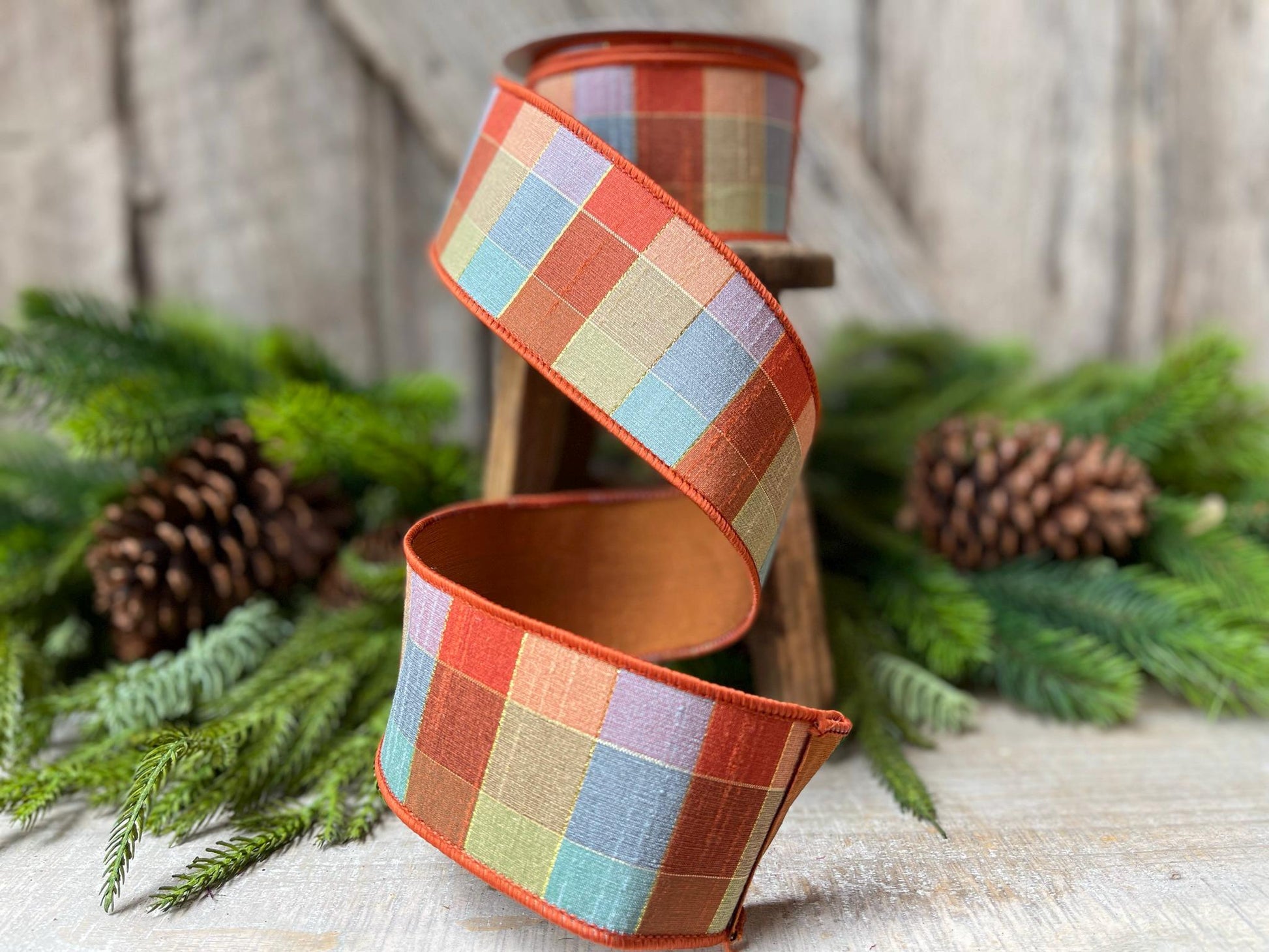 2.5" Orange Sedona Checks, Farrisilk Ribbon, Fall Ribbon