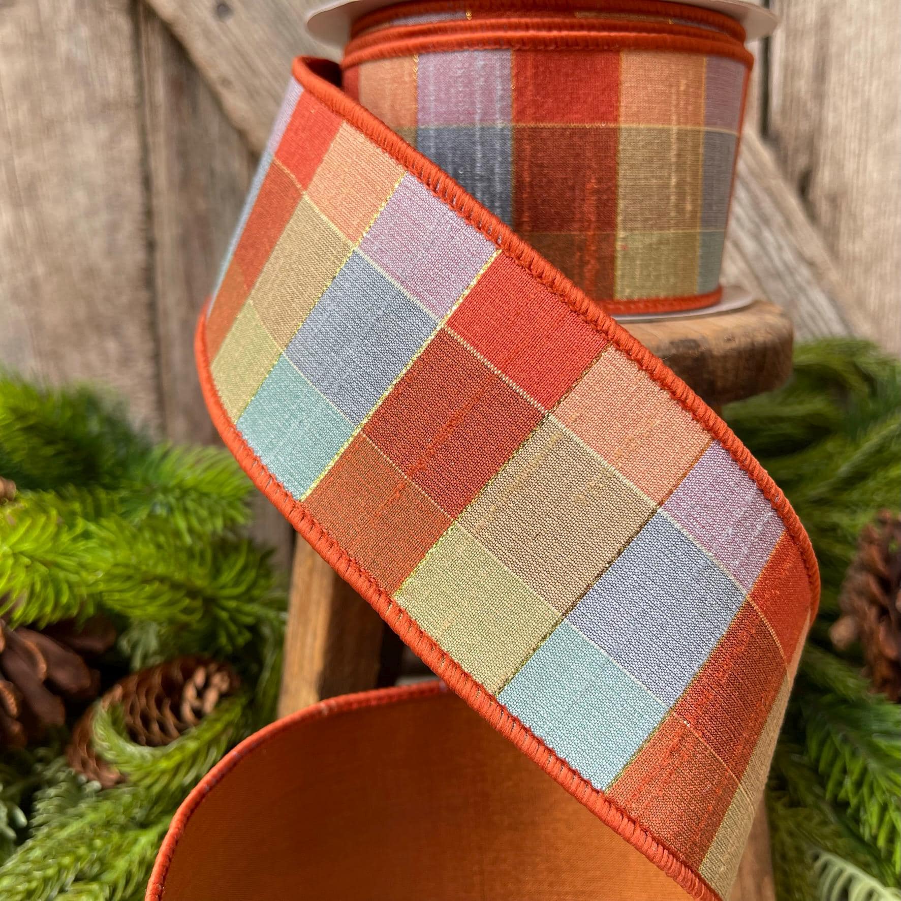 2.5" Orange Sedona Checks, Farrisilk Ribbon, Fall Ribbon
