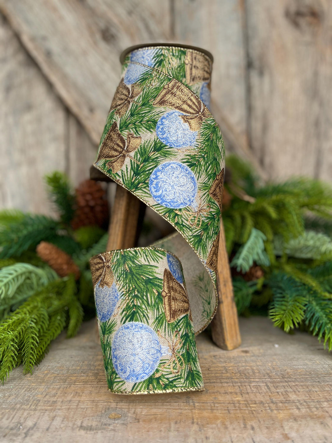 4" Christmas Ribbon with Blue Ornaments &amp; Gold Bells, Holiday Wired Ribbon, Pine Greenery Ribbon