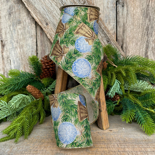 4" Christmas Ribbon with Blue Ornaments & Gold Bells, Holiday Wired Ribbon, Pine Greenery Ribbon