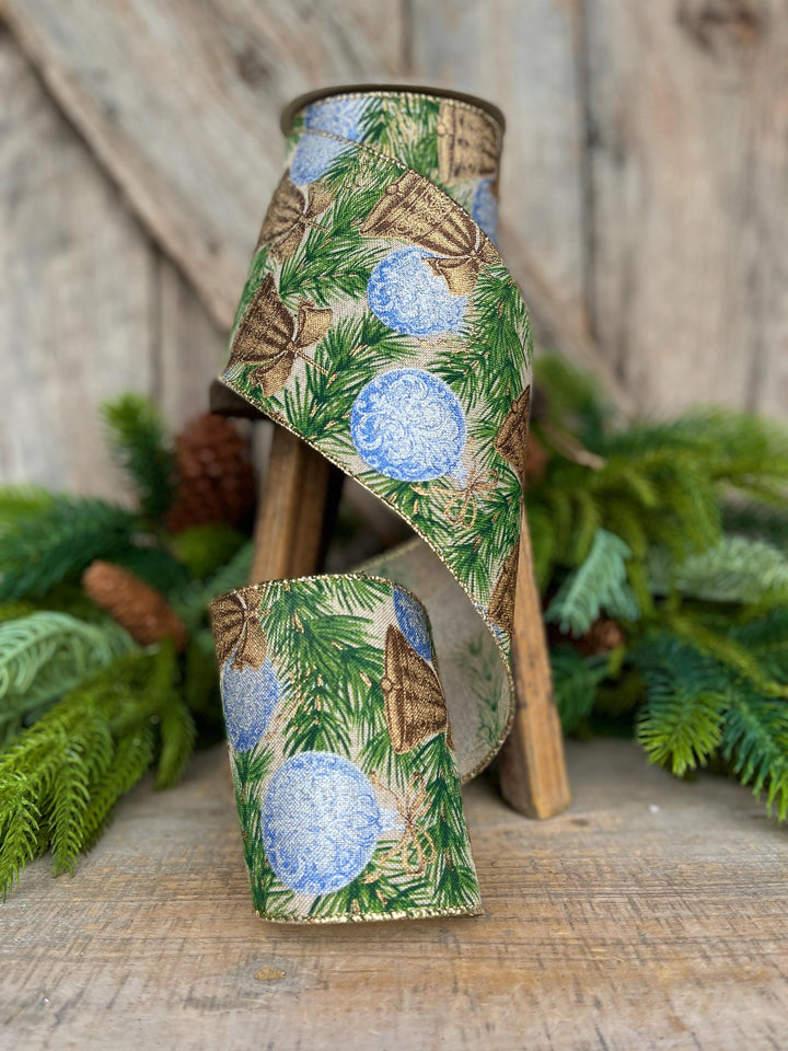 4" Christmas Ribbon with Blue Ornaments &amp; Gold Bells, Holiday Wired Ribbon, Pine Greenery Ribbon