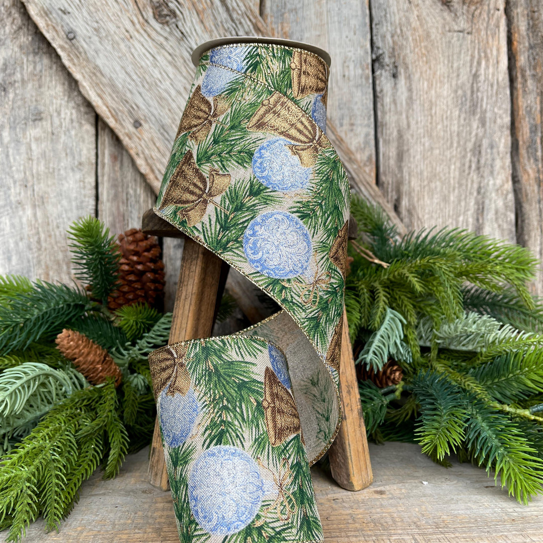 4" Christmas Ribbon with Blue Ornaments &amp; Gold Bells, Holiday Wired Ribbon, Pine Greenery Ribbon