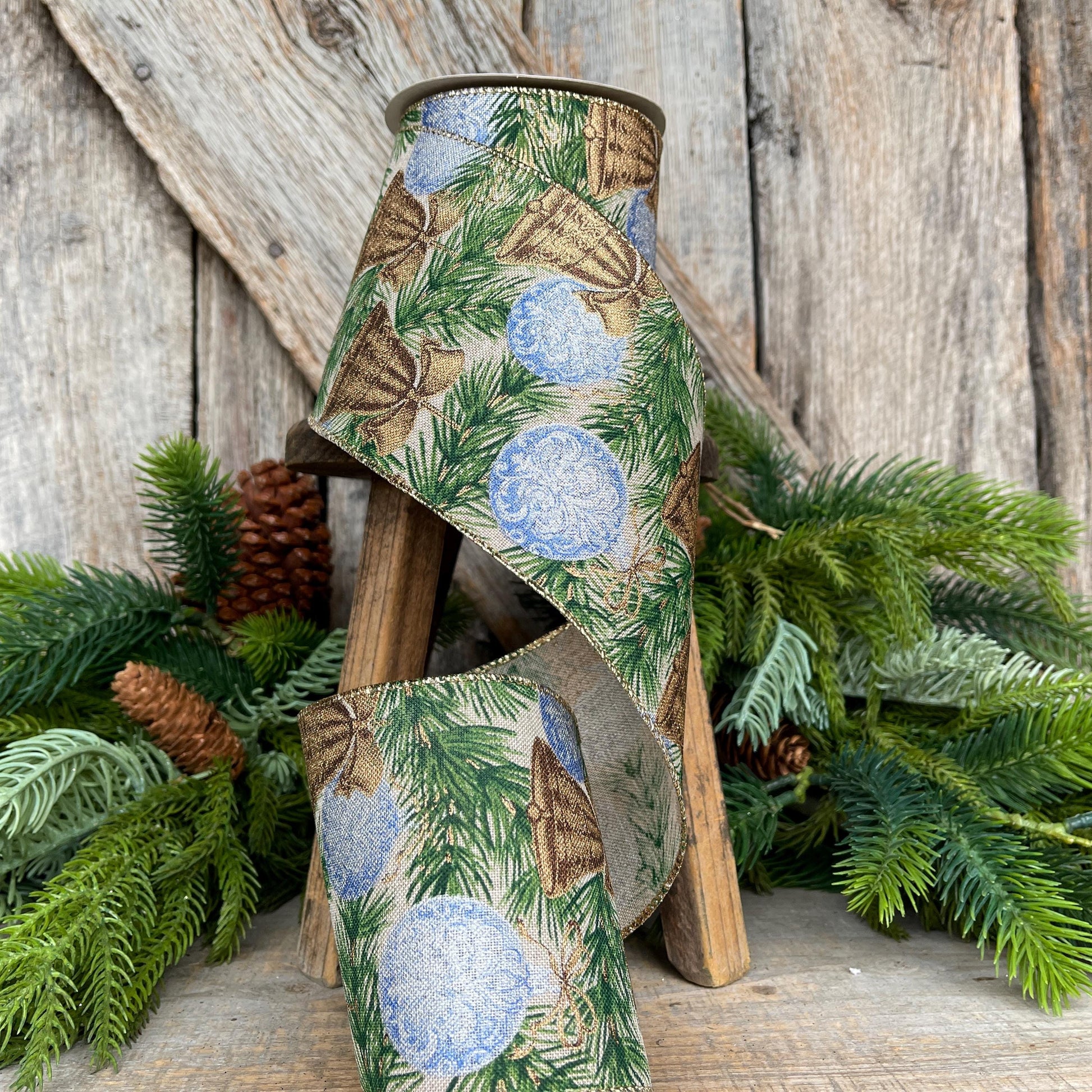 4" Christmas Ribbon with Blue Ornaments & Gold Bells, Holiday Wired Ribbon, Pine Greenery Ribbon, Rustic Christmas Ribbon