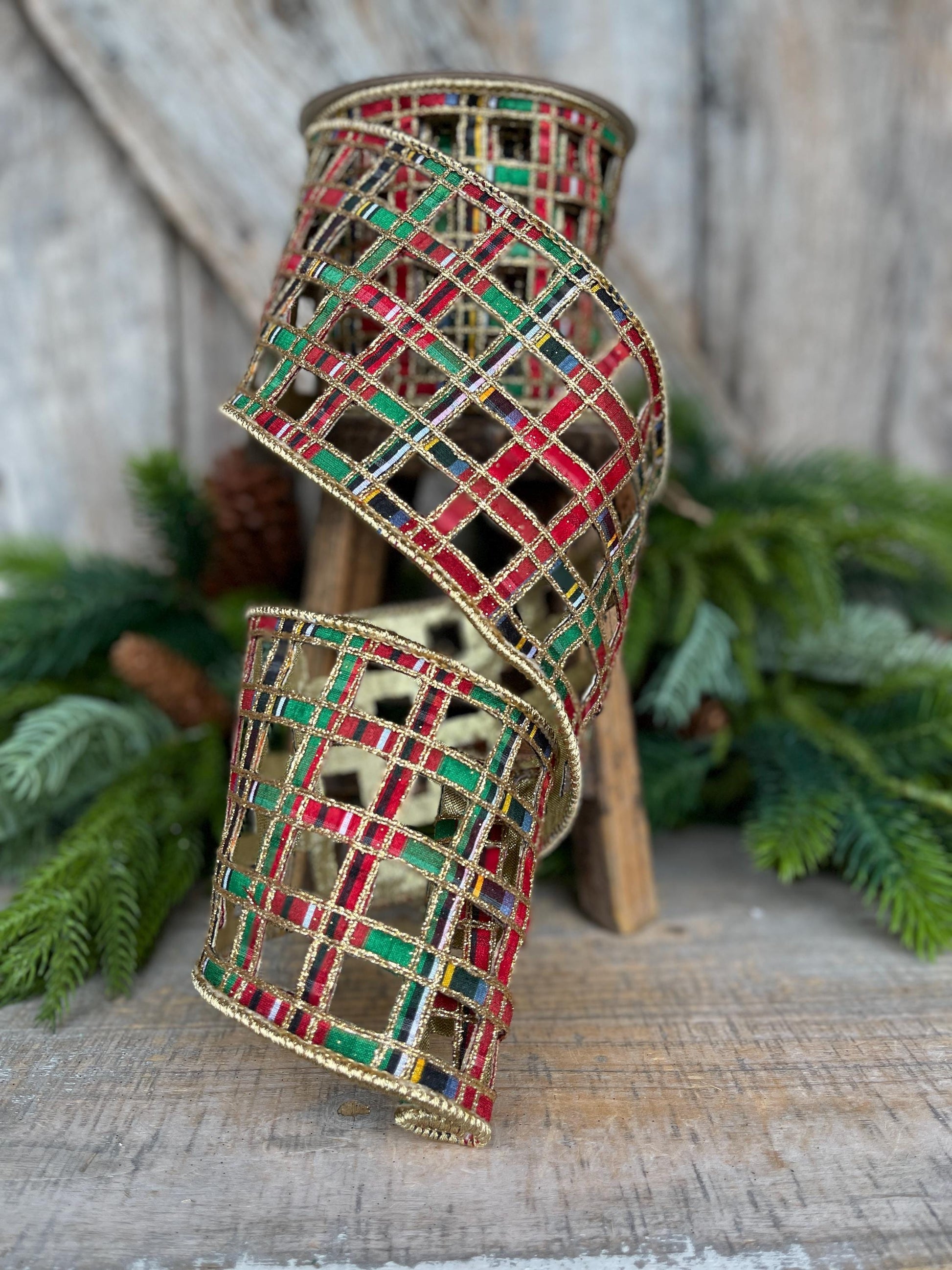 4" Traditional Christmas Plaid Ribbon, Farrisilk Ribbon, Window Plaid Ribbon