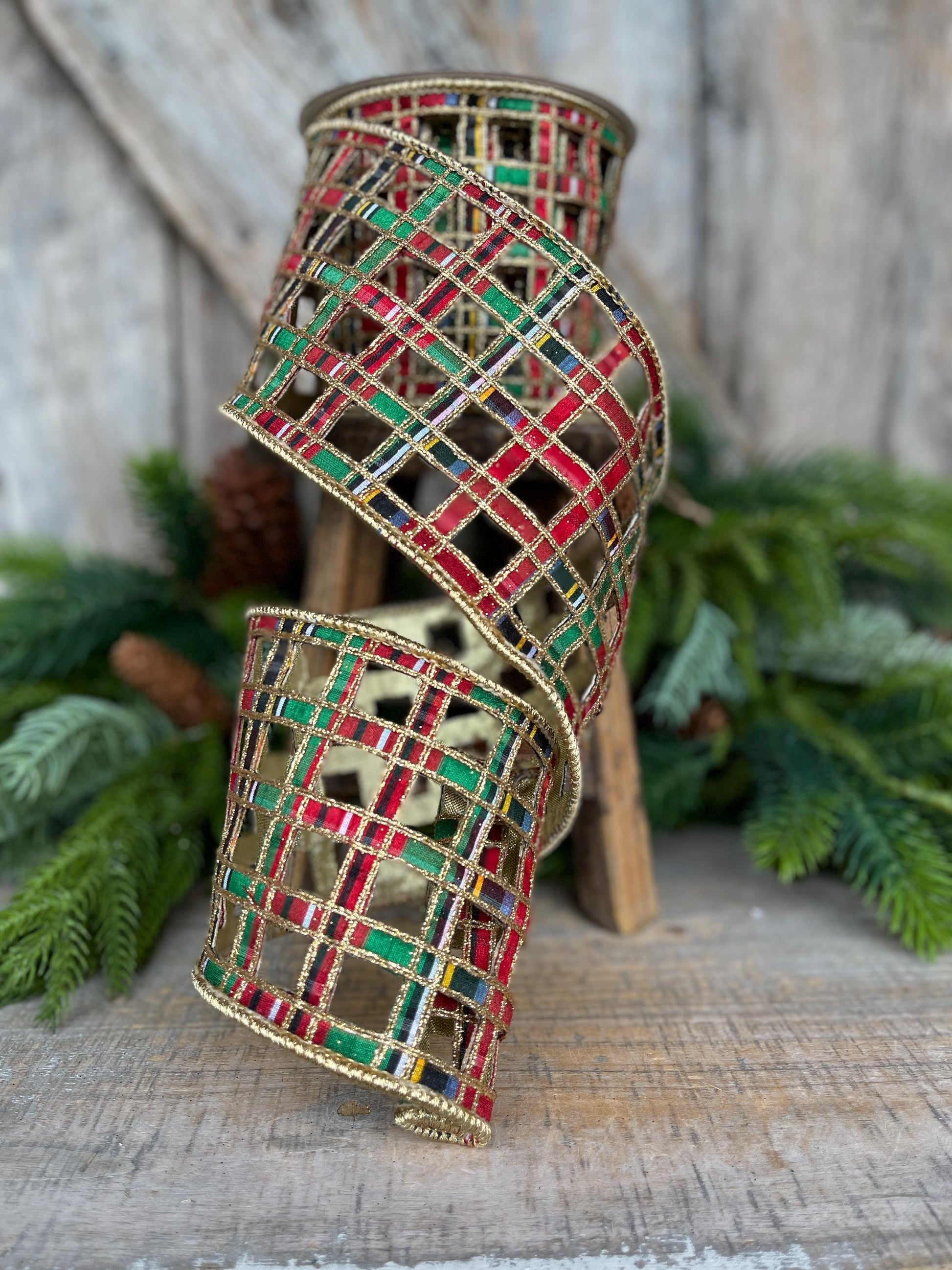 4" Traditional Christmas Plaid Ribbon, Farrisilk Ribbon, Window Plaid Ribbon