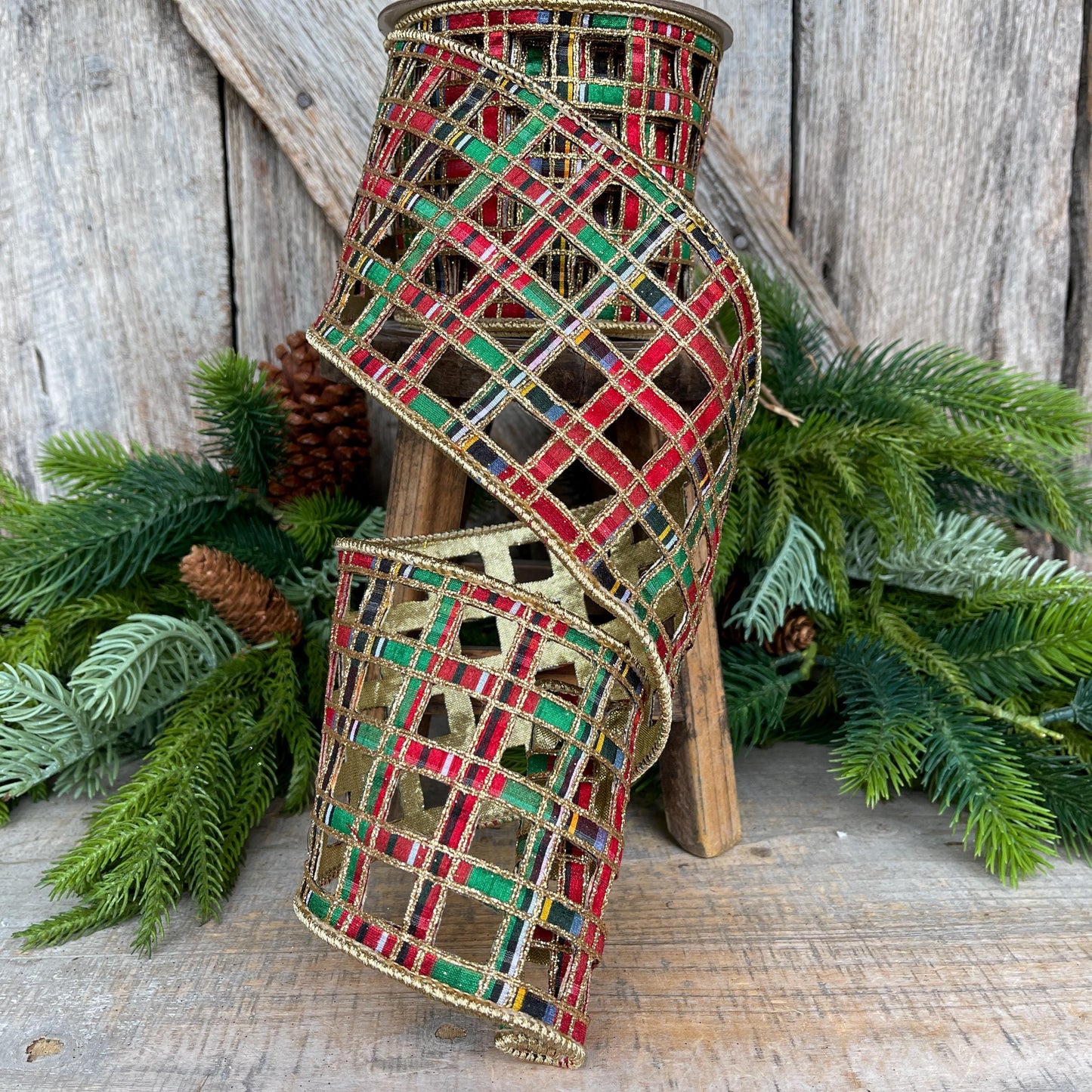 4" Traditional Christmas Plaid Ribbon, Farrisilk Ribbon, Window Plaid Ribbon