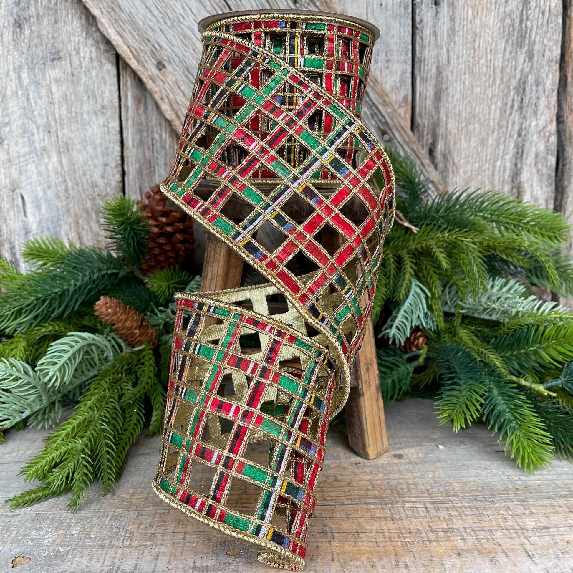 4" Traditional Christmas Plaid Ribbon, Farrisilk Ribbon, Window Plaid Ribbon