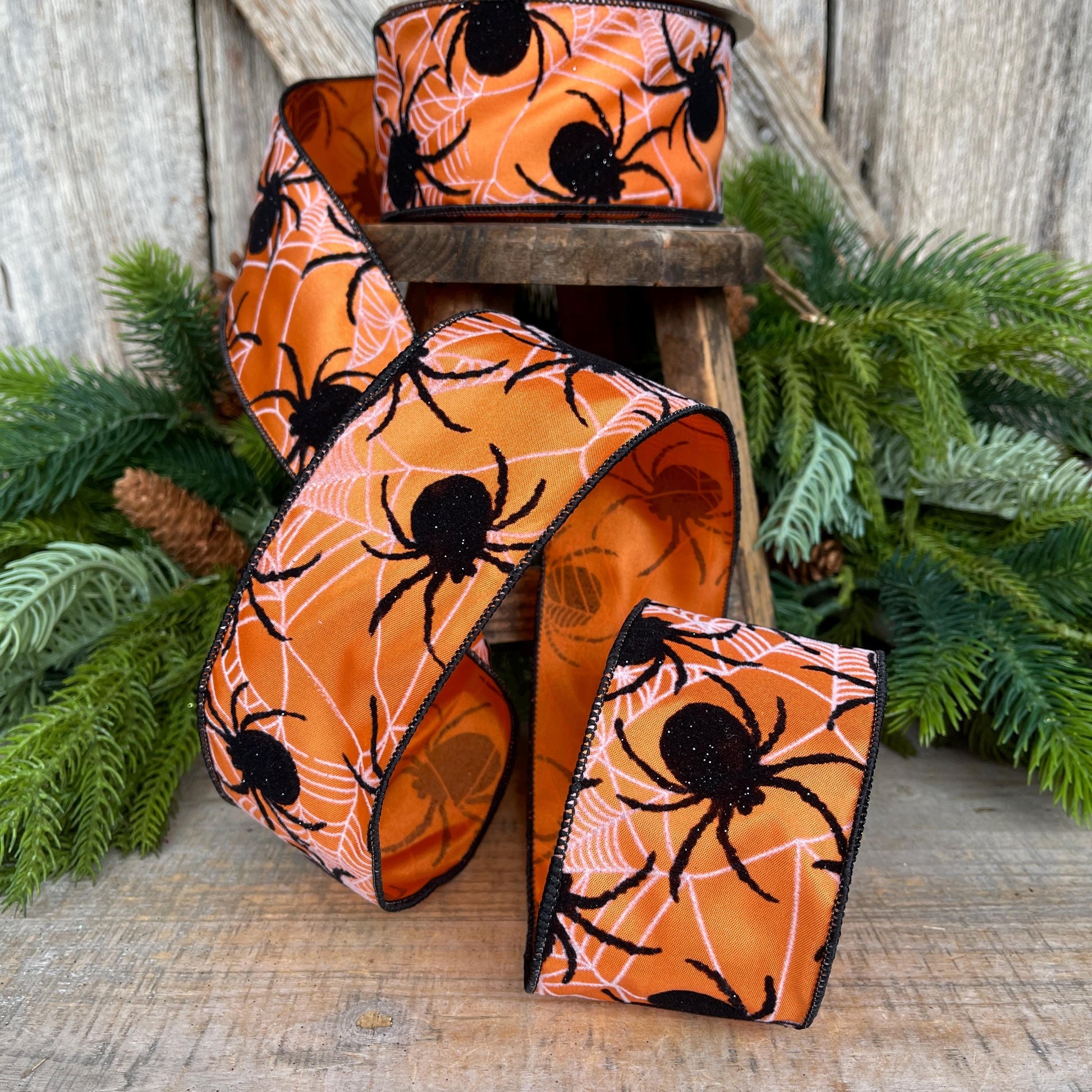 2.5" Orange Spider Ribbon, Farrisilk Ribbon, Halloween Ribbon