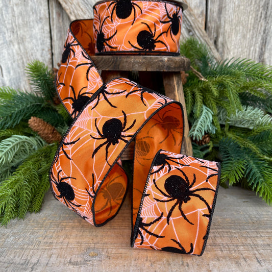 2.5" Orange Spider Ribbon, Farrisilk Ribbon, Halloween Ribbon, Wired Ribbon, Orange Halloween Ribbon, Flocked Spiders Ribbon, RS143-52