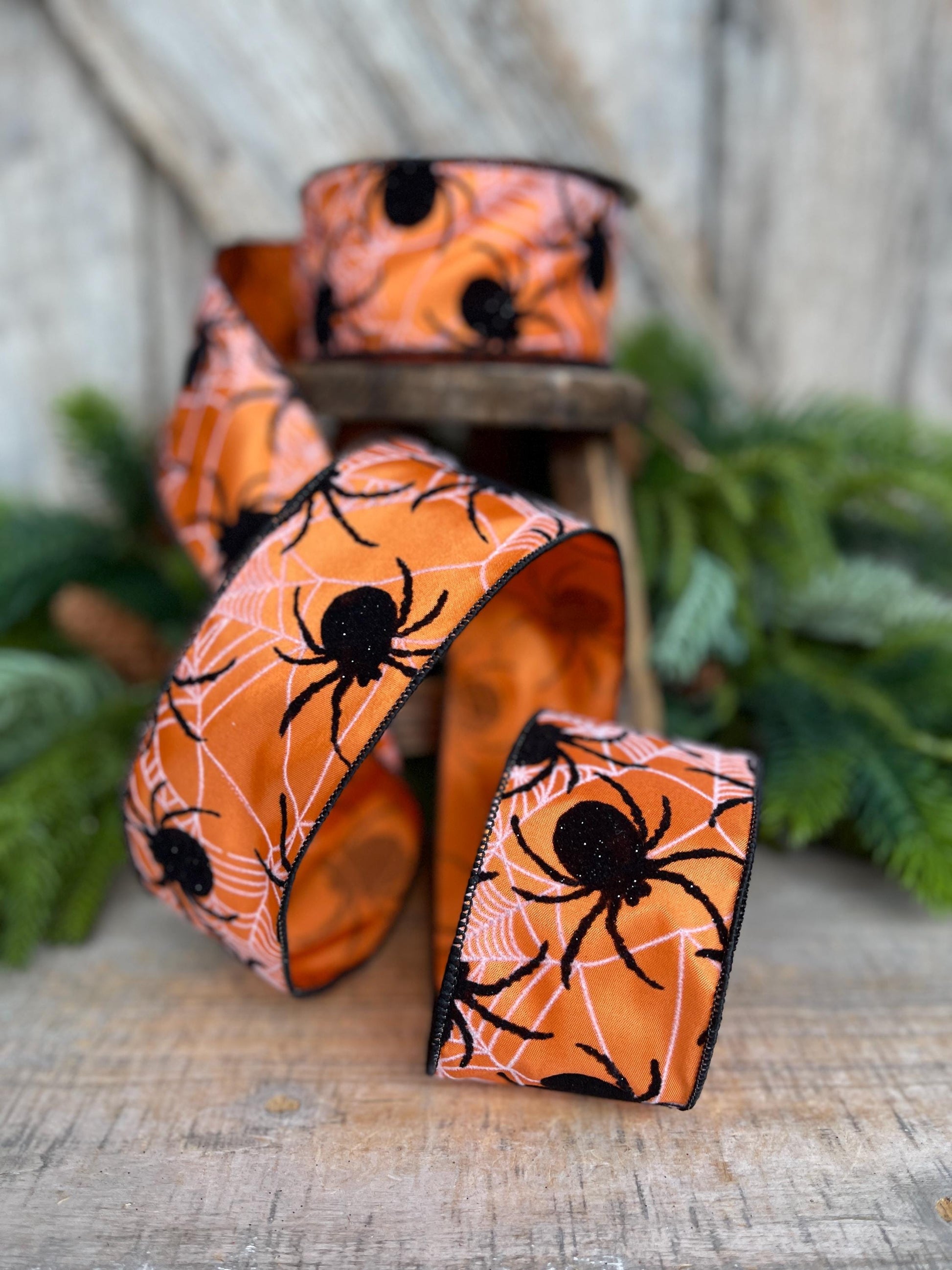 2.5" Orange Spider Ribbon, Farrisilk Ribbon, Halloween Ribbon