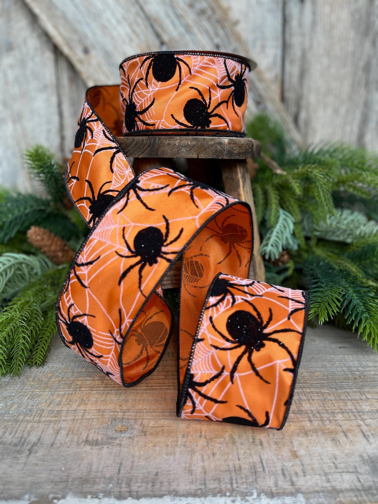 2.5" Orange Spider Ribbon, Farrisilk Ribbon, Halloween Ribbon