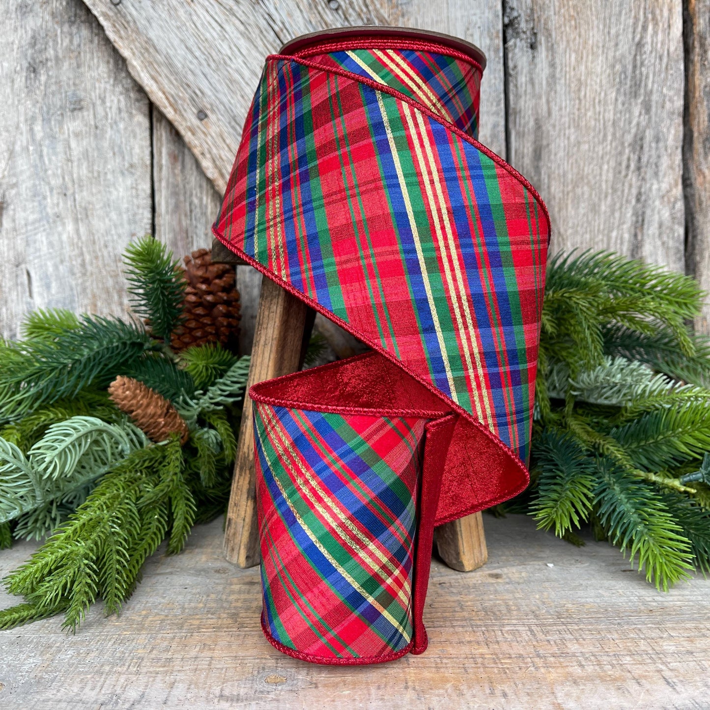 4" Chistmas Plaid ribbon, Farrisilk Ribbon, Nutcracker plaid ribbon, Christmas plaid ribbon, wired ribbon, Glitz Plaid Ribbon, RK701-32