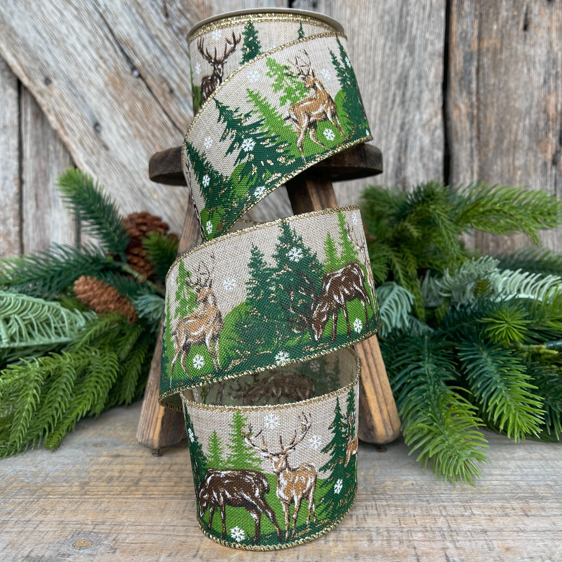 2.5" Woodsy Christmas Ribbon, Reindeer Christmas Ribbon, Pine Trees Ribbon, Wired Ribbon, Reindeer and Tree Ribbon
