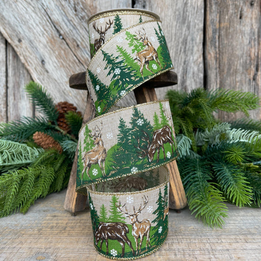 2.5" Woodsy Christmas Ribbon, Reindeer Christmas Ribbon, Pine Trees Ribbon, Wired Ribbon, Reindeer and Tree Ribbon