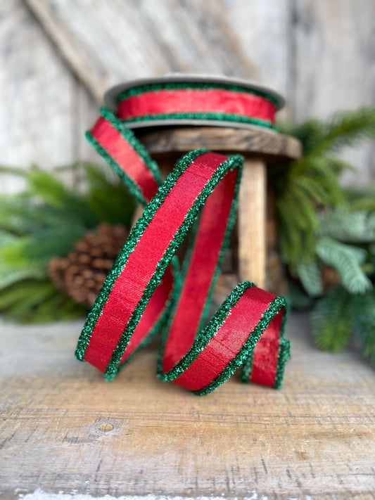 1" Red & Green Tinsel Ribbon, Christmas Ribbon, Farrisilk ribbon