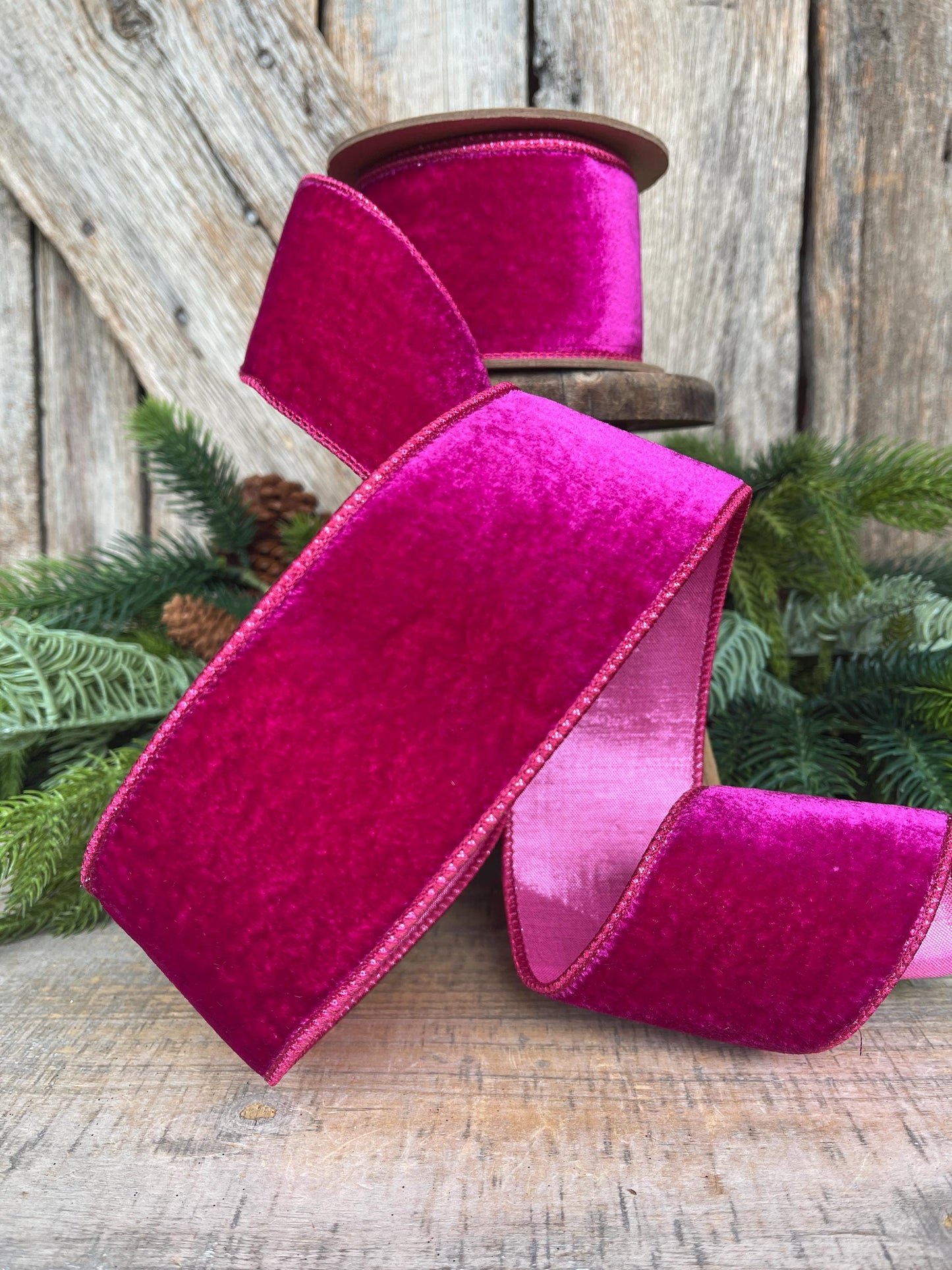 4" Hot Pink Velvet Ribbon, Wired Ribbon