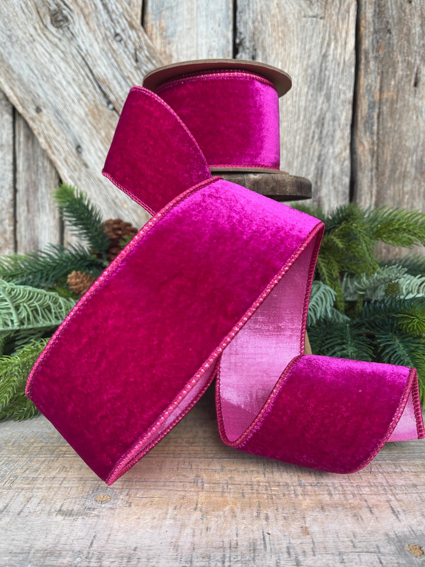 2.5" Hot Pink Velvet Ribbon, Wired Ribbon, Christmas Ribbon