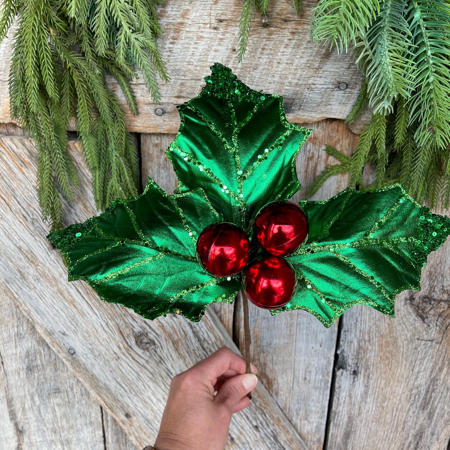 19" Green Red Holly Leaf Spray, Christmas Picks Stems, Holly Leaf Decor, Christmas Holly
