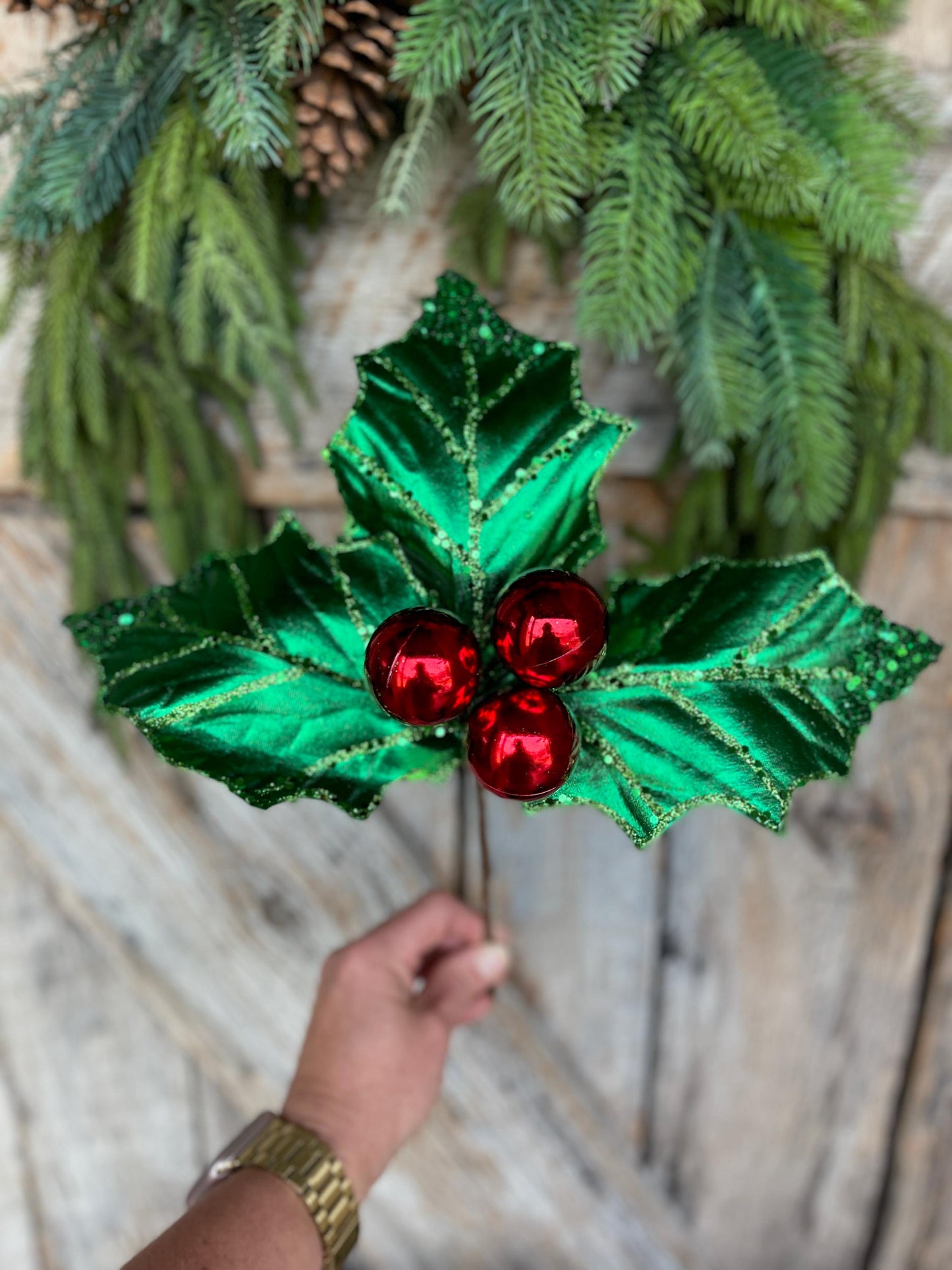 19" Green Red Holly Leaf Spray, Christmas Picks Stems, Holly Leaf Decor, Christmas Holly