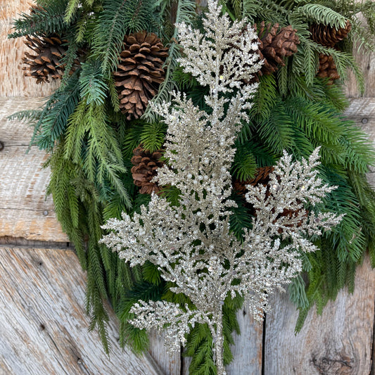33" Glitter Pearl Twig Spray, Platinum Christmas Tree Picks & Stems, Christmas Tree Spray, Christmas Floral Spray, 40341-PLATINIUM