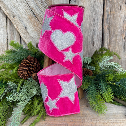 4" Hot Pink Heart Velvet Ribbon, Heart & Stars Velvet Ribbon, Hot Pink Silver Ribbon, Christmas Tree Ribbon, Ribbon for Girl's Tree