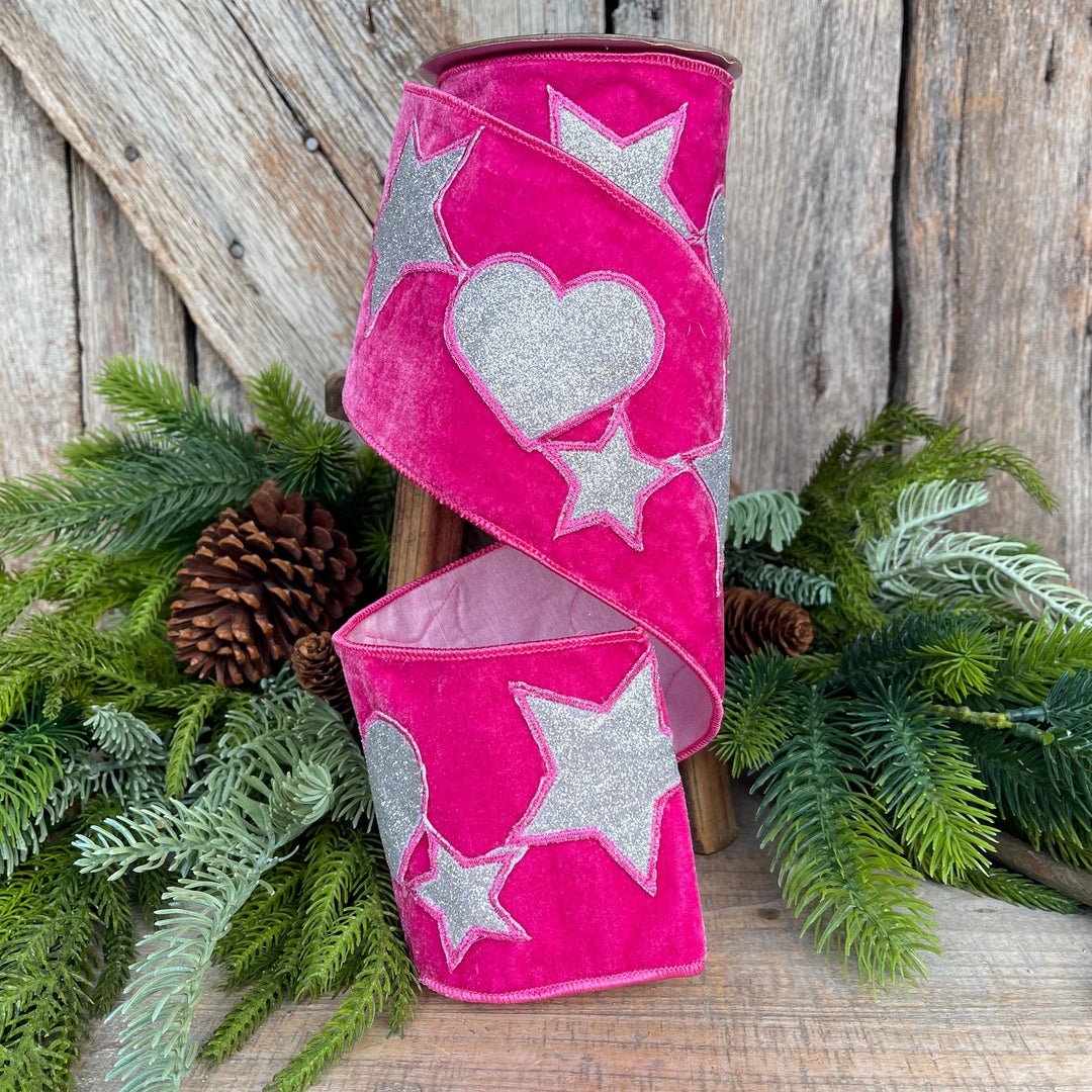 4" Hot Pink Heart Velvet Ribbon, Heart &amp; Stars Velvet Ribbon, Hot Pink Silver Ribbon