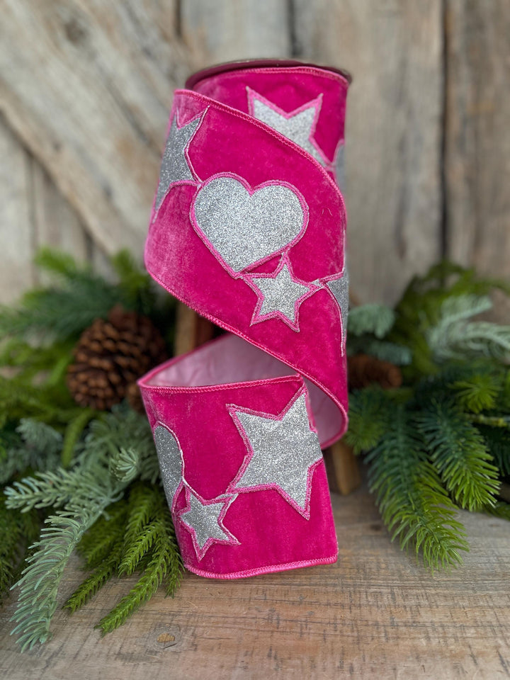 4" Hot Pink Heart Velvet Ribbon, Heart &amp; Stars Velvet Ribbon, Hot Pink Silver Ribbon