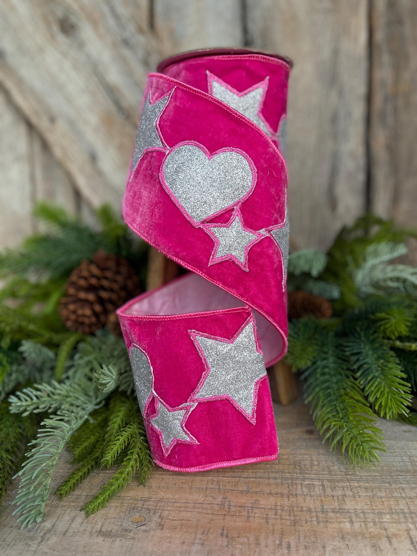 4" Hot Pink Heart Velvet Ribbon, Heart & Stars Velvet Ribbon, Hot Pink Silver Ribbon, Christmas Tree Ribbon, Ribbon for Girl's Tree