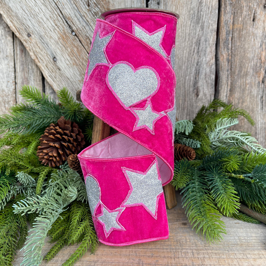 4" Hot Pink Heart Velvet Ribbon, Heart &amp; Stars Velvet Ribbon, Hot Pink Silver Ribbon