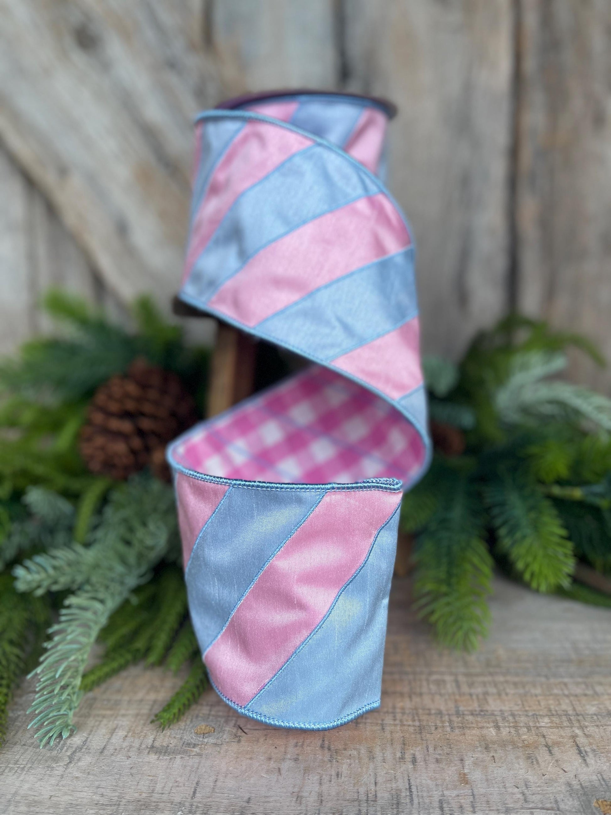 4" Pink and Blue Stripe Ribbon, Baby Blue Ribbon, Blue and Pink Diagonal Stripe Ribbon, Christmas Ribbon