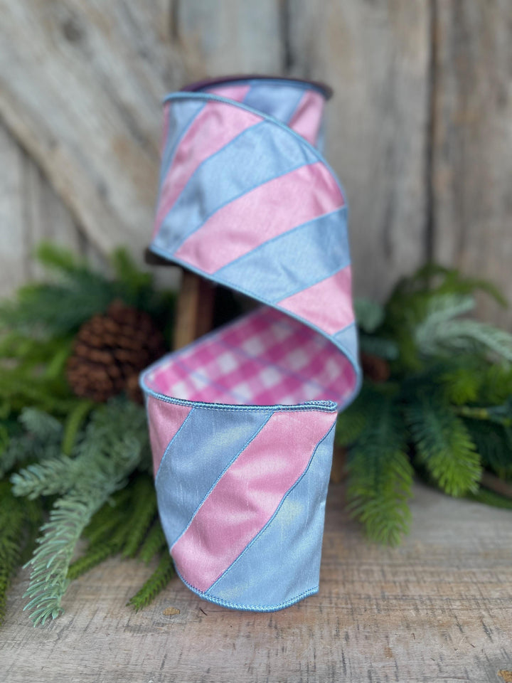 4" Pink and Blue Stripe Ribbon, Baby Blue Ribbon, Blue and Pink Diagonal Stripe Ribbon