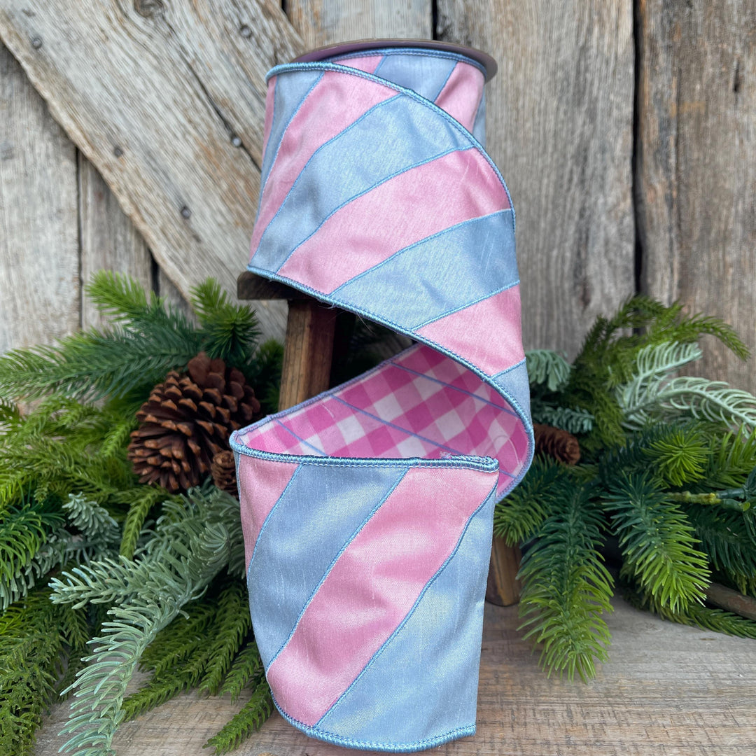 4" Pink and Blue Stripe Ribbon, Baby Blue Ribbon, Blue and Pink Diagonal Stripe Ribbon