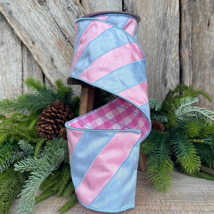 4" Pink and Blue Stripe Ribbon, Baby Blue Ribbon, Blue and Pink Diagonal Stripe Ribbon