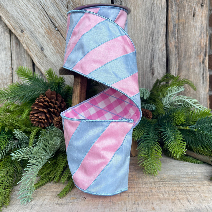 4" Pink and Blue Stripe Ribbon, Baby Blue Ribbon, Blue and Pink Diagonal Stripe Ribbon