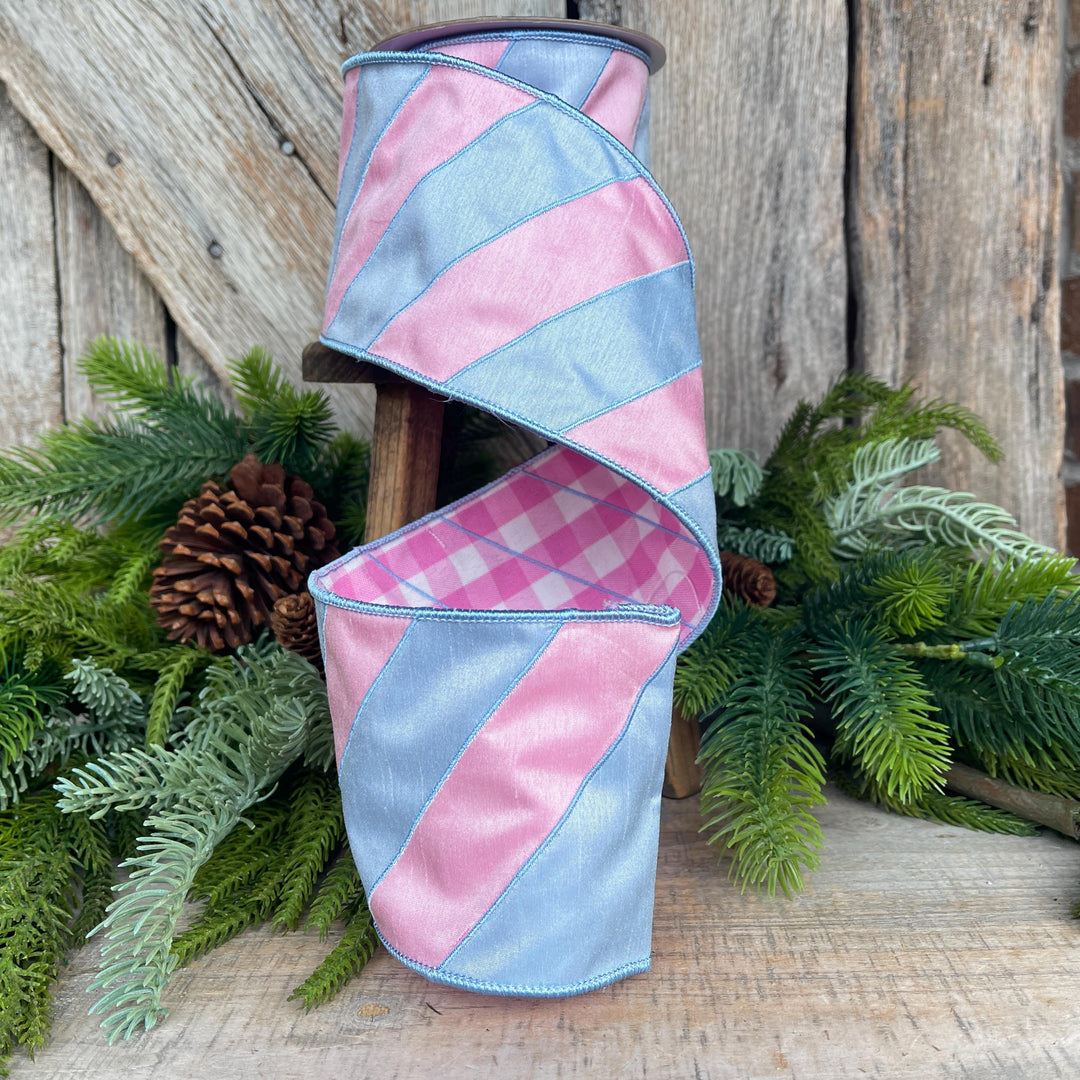 4" Pink and Blue Stripe Ribbon, Baby Blue Ribbon, Blue and Pink Diagonal Stripe Ribbon