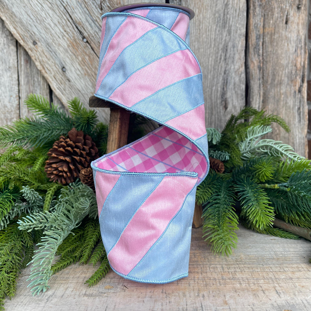 4" Pink and Blue Stripe Ribbon, Baby Blue Ribbon, Blue and Pink Diagonal Stripe Ribbon