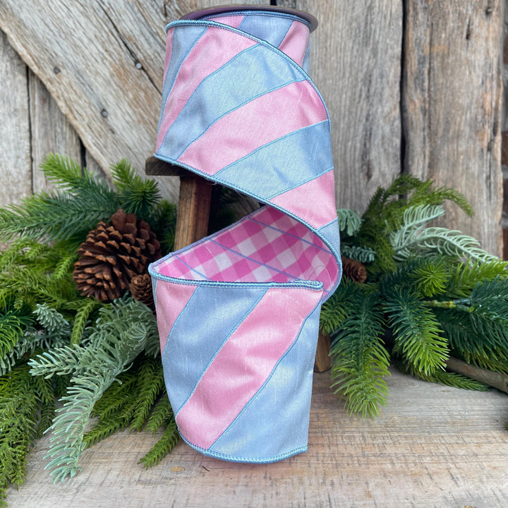4" Pink and Blue Stripe Ribbon, Baby Blue Ribbon, Blue and Pink Diagonal Stripe Ribbon