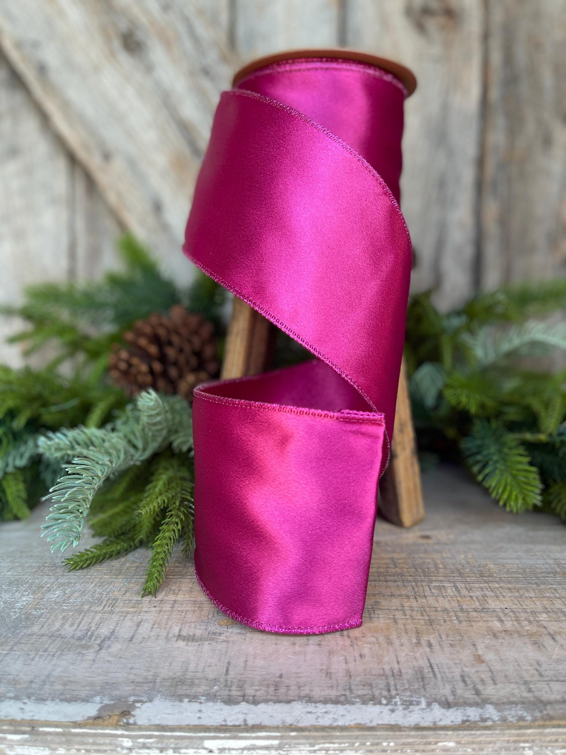 4" Hot Pink Satin Ribbon, Christmas Ribbon, Shimmer Satin Ribbon